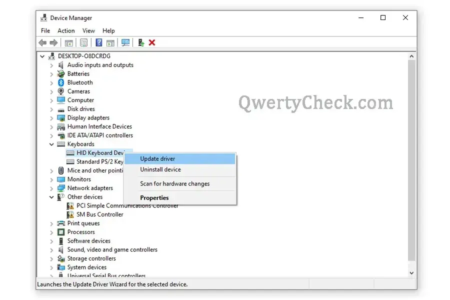 Device Manager window showing the process to update or reinstall keyboard drivers on a Windows computer, highlighting the 'Update driver' option for a selected keyboard device